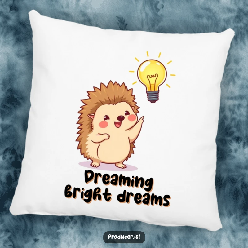 Funny pillow with a happy hedgehog pointing at a beaming lightbulb, offering soft comfort and a humorous symbol of bright, inspired moments.