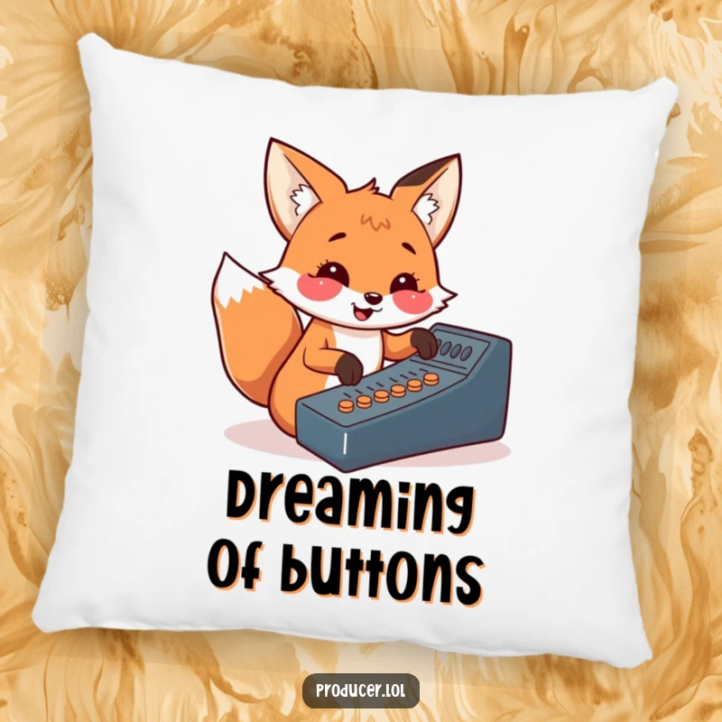 Funny fox pillow, DJ theme, pressing soundboard buttons, comfortable decor, ideal for music-themed rooms.