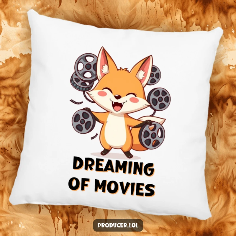Funny Fox Film Reel Pillow: A playful fox with a goofy grin juggles film reels, offering comfort and a touch of cinematic whimsy.