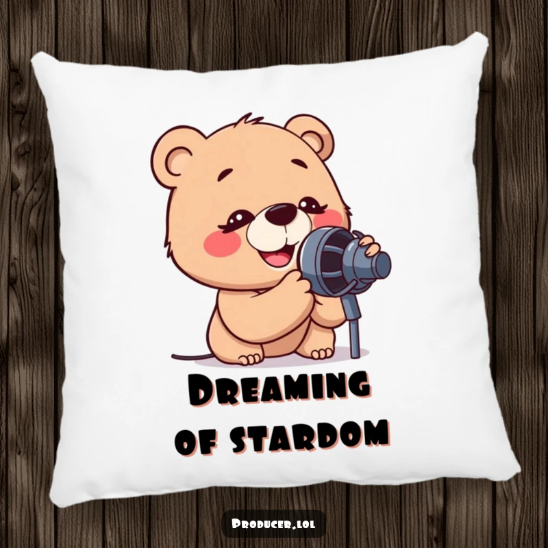 Funny pillow showcasing a cartoon bear with a look of intense, happy concentration, leaning into a microphone to sing.