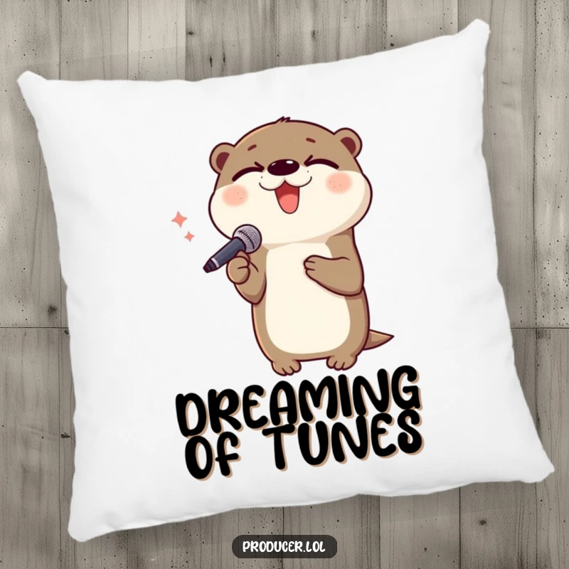 Funny otter pillow, singing blissfully, microphone accent, comfortable decor, ideal for music-themed spaces.