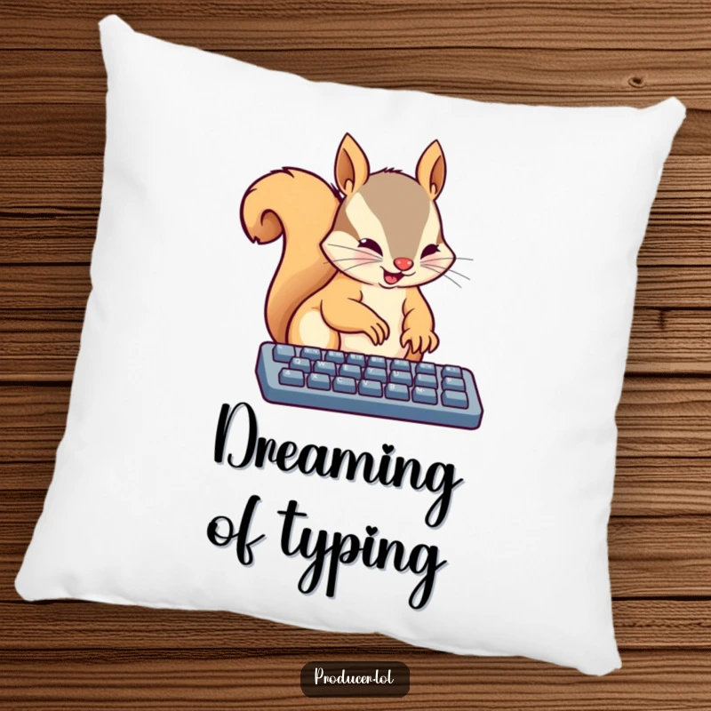 Funny pillow featuring a busy squirrel energetically typing on a keyboard with tiny paws, adding a touch of focus and comfort.
