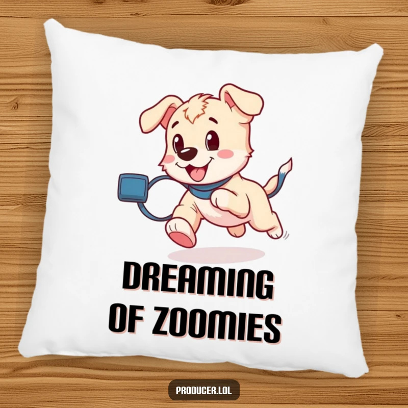 Soft pillow featuring a playful puppy running with a roll of film trailing behind, adding humor and charm.