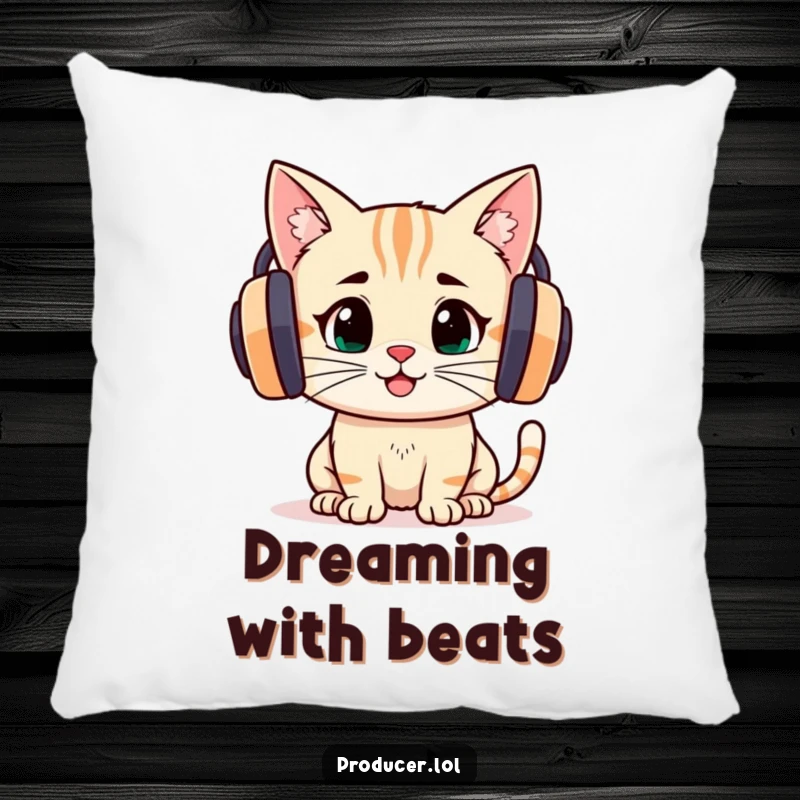 Funny determined cat wearing large headphones, focused and joyful while listening to music, on this cozy pillow.