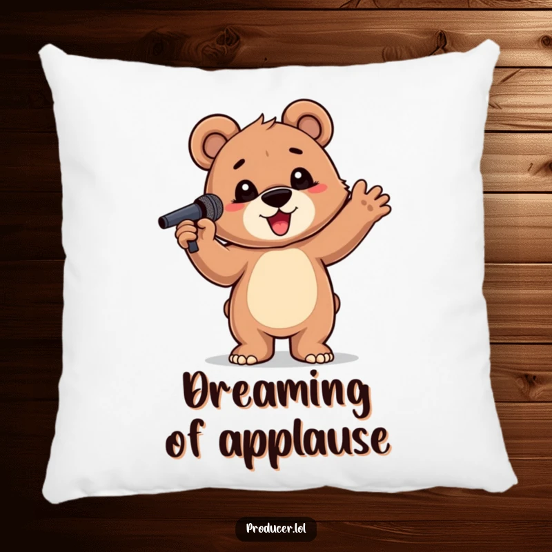 Funny Bear Cub Pillow: A proud bear cub with a microphone, striking a dramatic pose, perfect for a humorous nap.