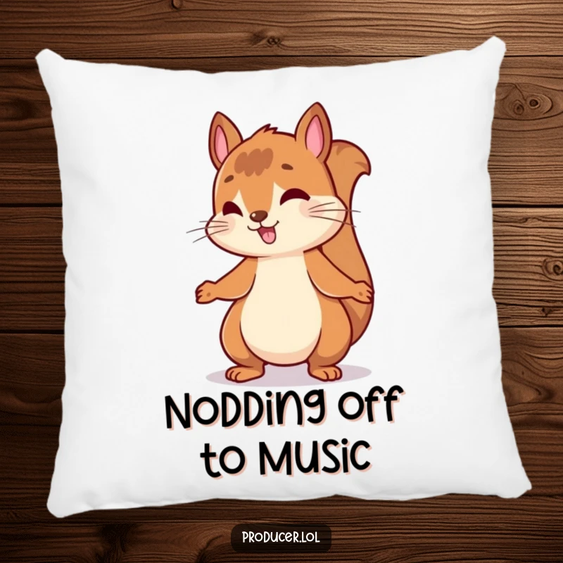 Funny decorative pillow with an energetic squirrel bouncing and rhythmically nodding its head to an infectious, upbeat musical beat.