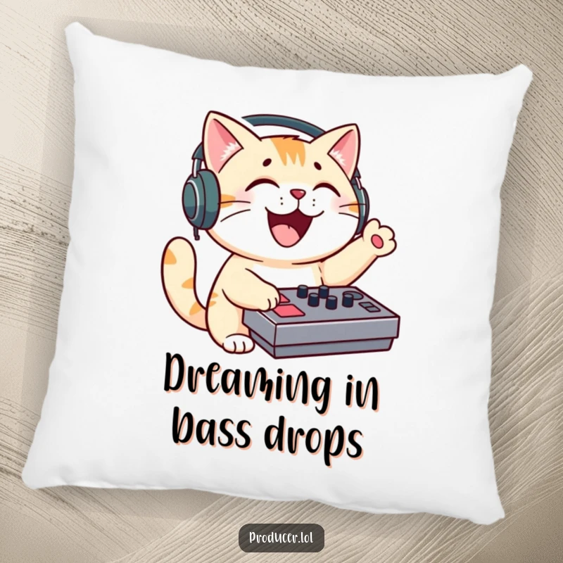 Funny cat DJ pillow, cute feline with headphones, enthusiastically operating a sound mixing board while relaxing.