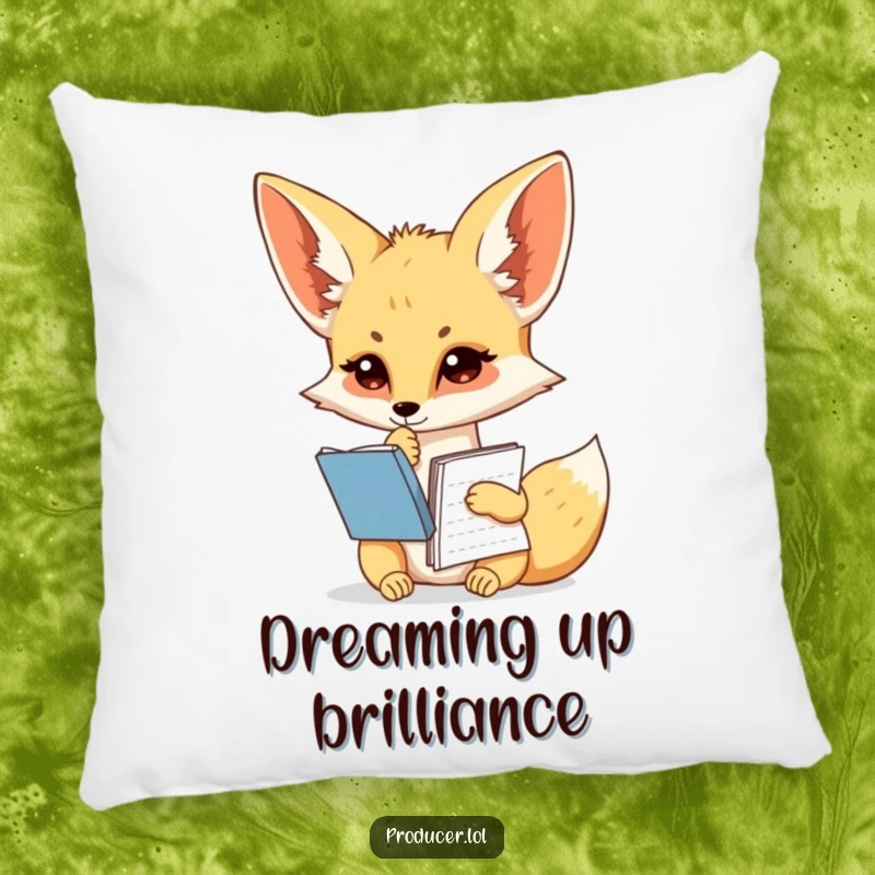 Funny fennec fox pillow, pondering writer, script notebook, comfortable accent, cute home decor.