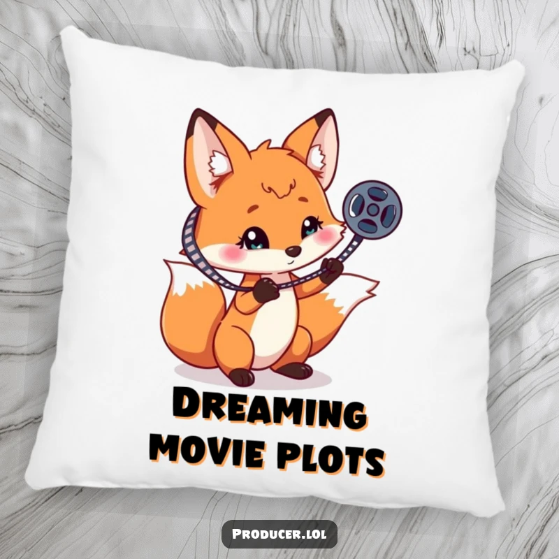Funny playful fox spinning a film reel on one claw, a soft and humorous accent pillow for ultimate comfort.