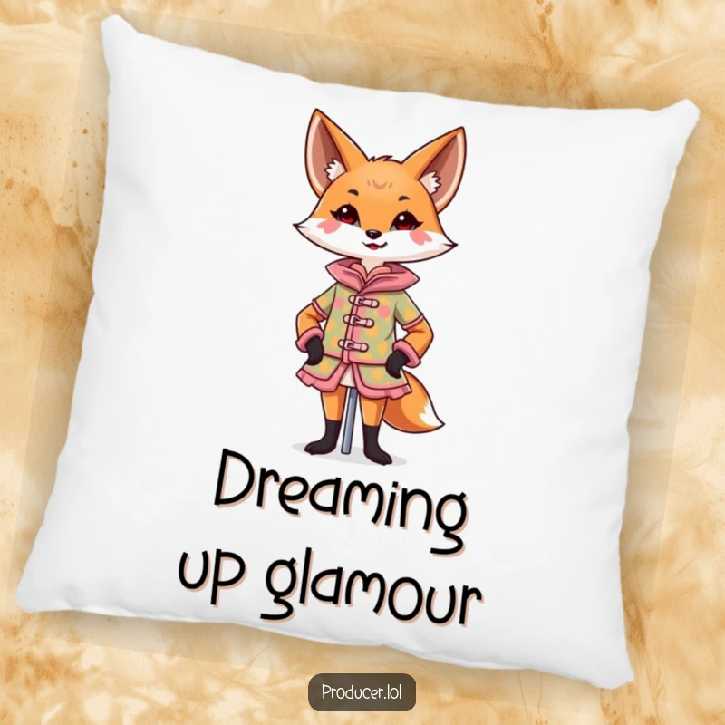 Funny Fox Pillow showing a confident fox designing a colorful costume on a mannequin with a flourish, comfortable funny gift.