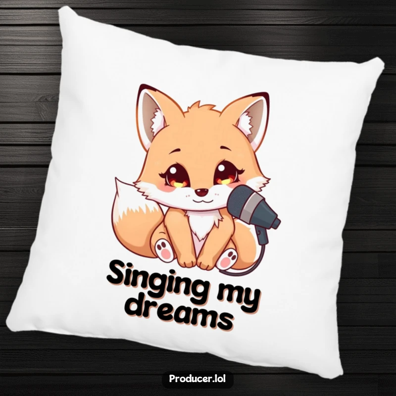 Funny Fox Singer Pillow: A cuddly fox leaning into a microphone with bright eyes, adding comfort and musical vibes.
