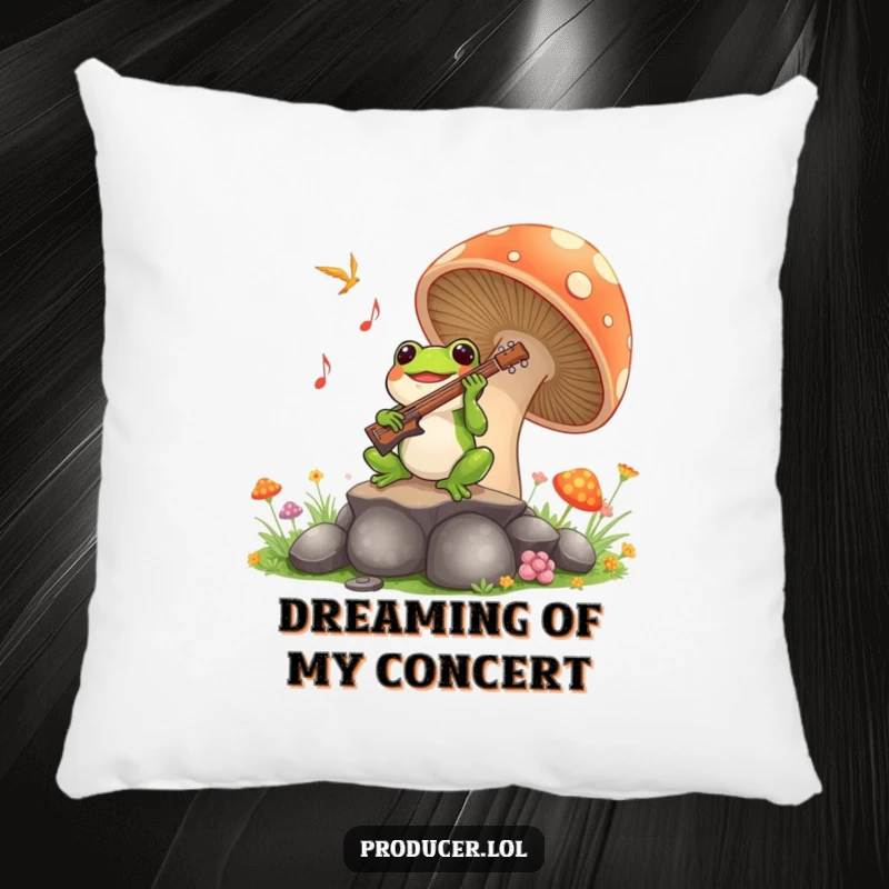 Funny Frog Symphony Pillow: A happy frog plays music from a mushroom, a soft and hilarious decorative pillow for sofas or beds.