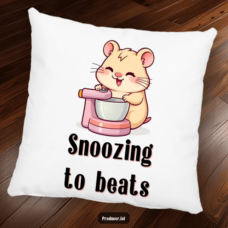 Soft pillow showcasing a cheerful hamster concentrating while spinning a DJ mixing board, adding humor to decor.