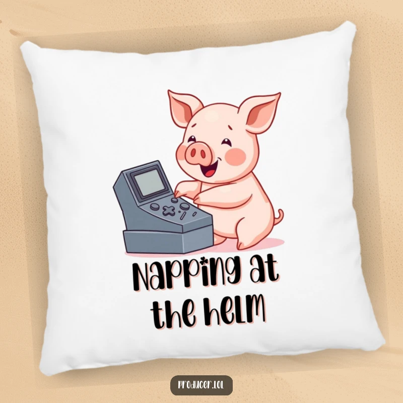 Funny pig console pillow, friendly character pressing buttons, relaxed and happy, perfect for tech enthusiasts.
