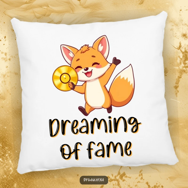 Funny pillow with an energetic fox cub holding a golden record and jumping with delight, offering soft comfort and a humorous celebratory vibe.