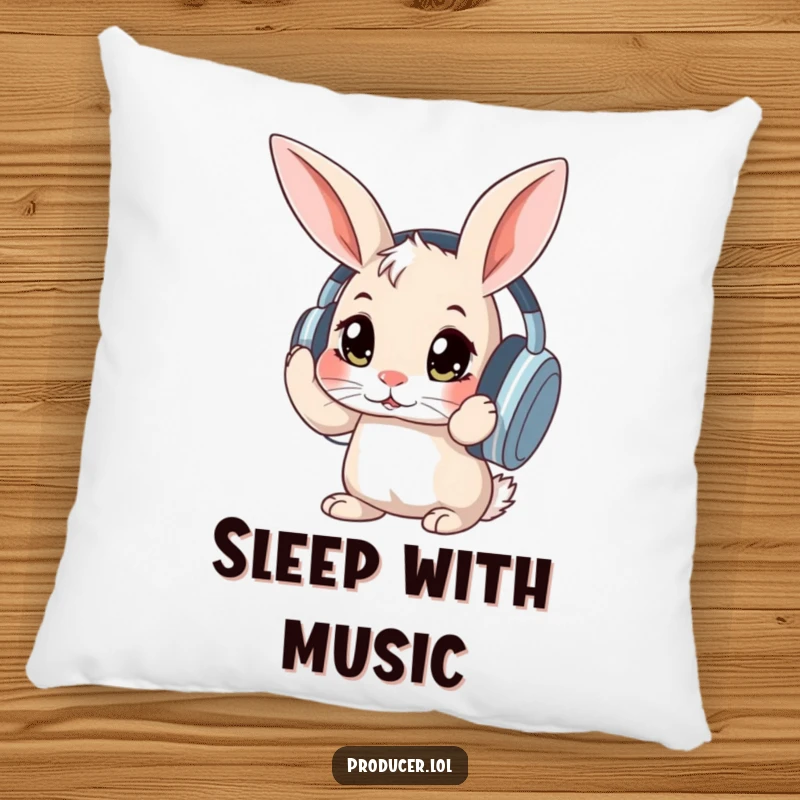 Funny curious rabbit with wide eyes adjusting large headphones, a soft and humorous accent pillow for ultimate comfort.