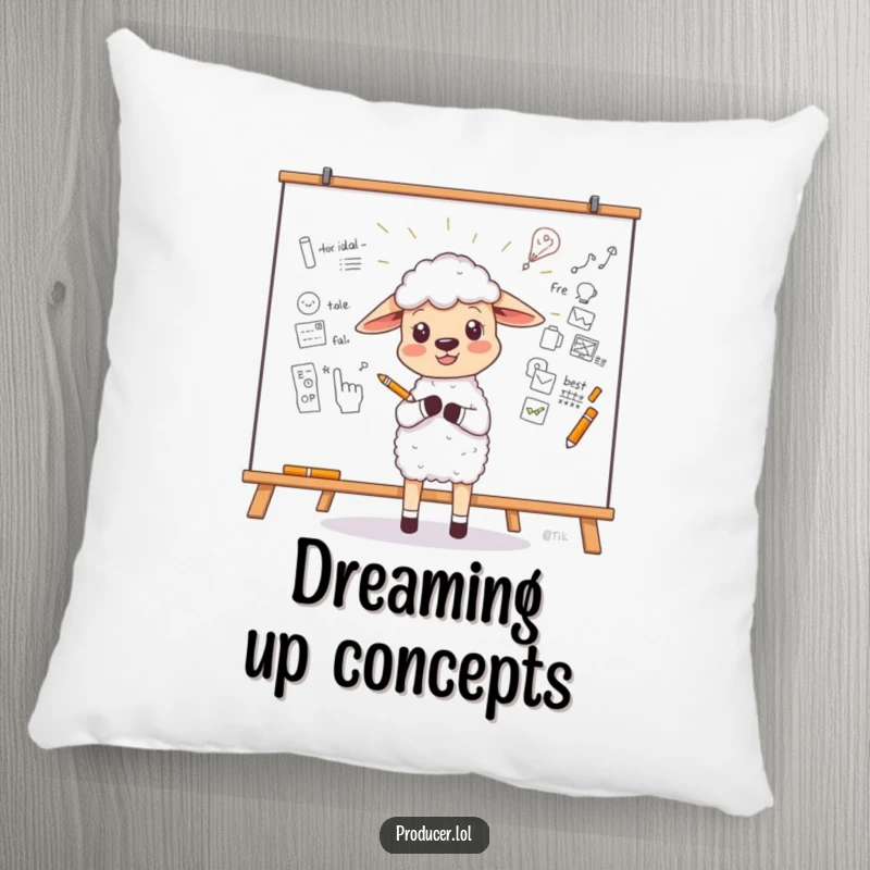 Funny Sheep Pillow showing a little sheep enthusiastically sketching a new idea on a large whiteboard, comfortable funny gift.