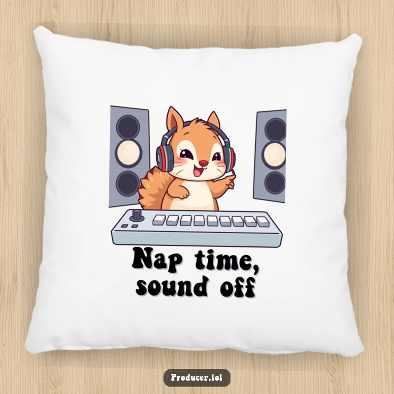Funny Squirrel DJ Pillow showing a cute squirrel in a headset operating a soundboard, offering comfort and a touch of musical whimsy.