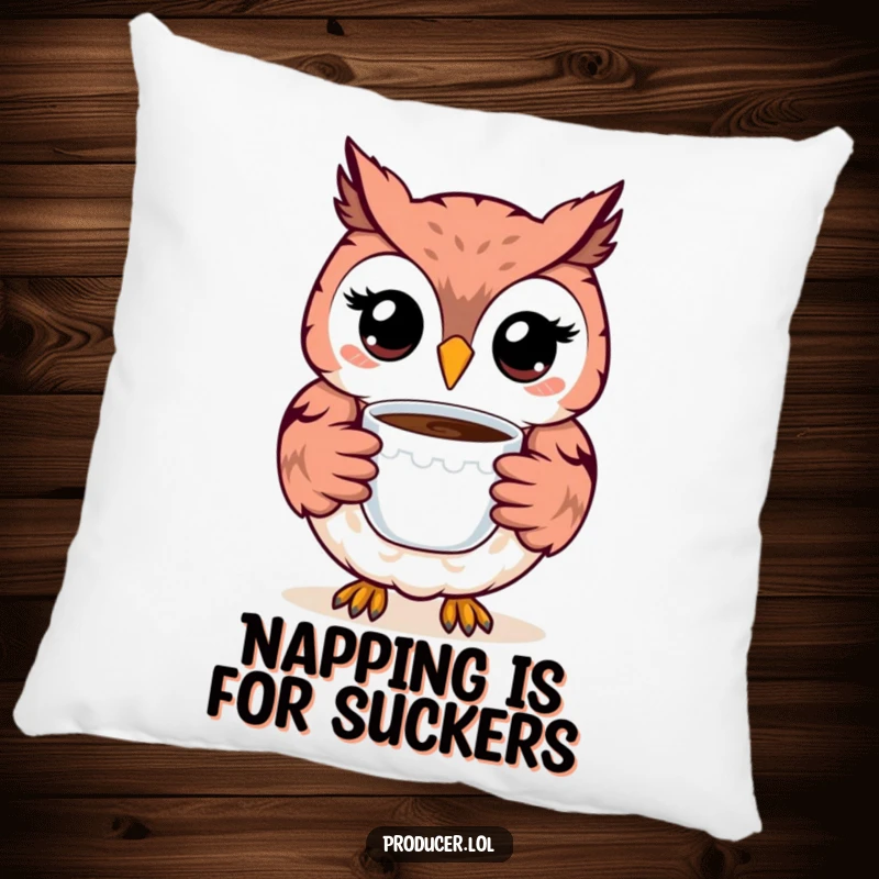 Funny Owl Pillow: A cute, smiling owl offers a coffee cup, providing cozy comfort and a delightful splash of humor to any room.