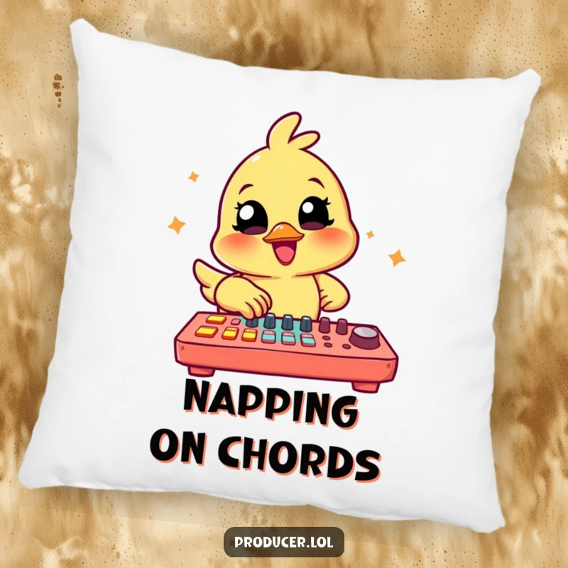 Funny Chick Producer Pillow: A cheerful chick tapping on a colorful mixing board, bringing comfort and musical vibes.