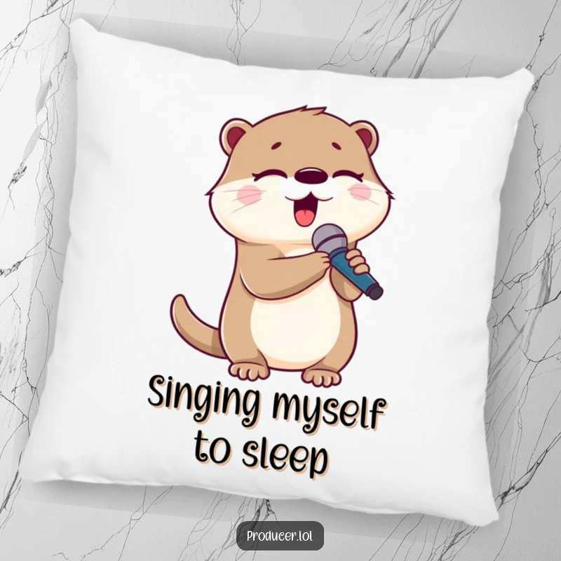 Funny otter singing pillow, cute animal holding a microphone, eyes closed, perfect for music lovers' relaxation.