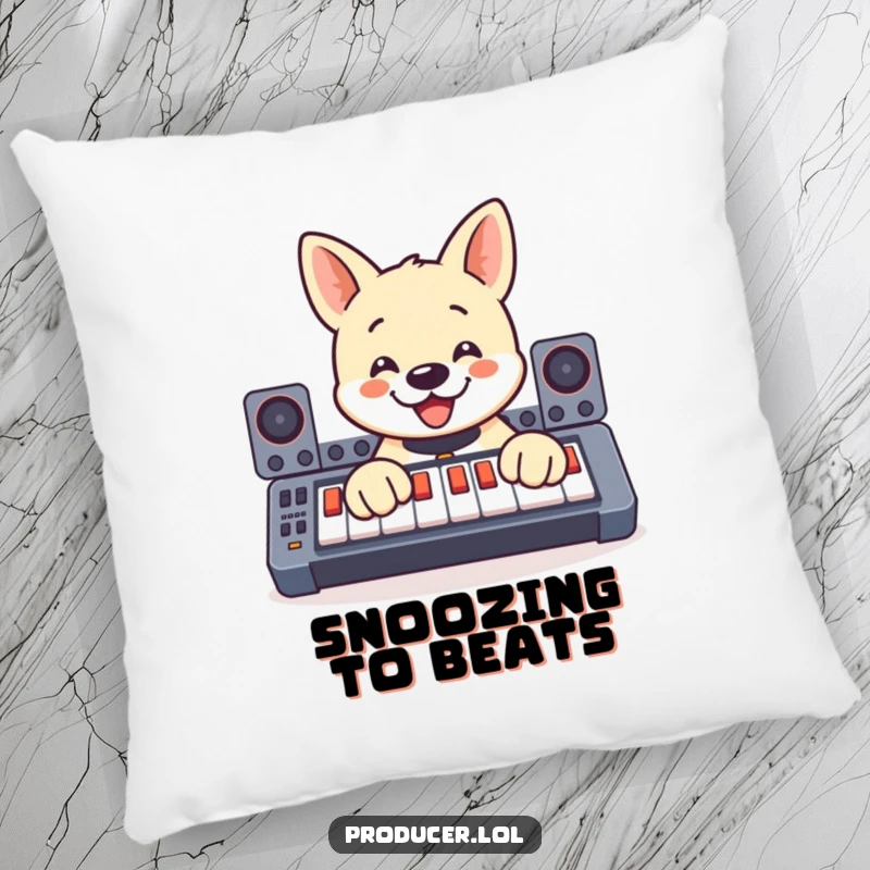 Funny pillow featuring a smiling dog enthusiastically operating a soundboard with its paws, perfect for cozy, humorous relaxation.