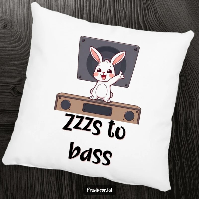 Funny cartoon rabbit enthusiastically pointing at an unseen speaker, radiating musical excitement on this soft, decorative pillow.