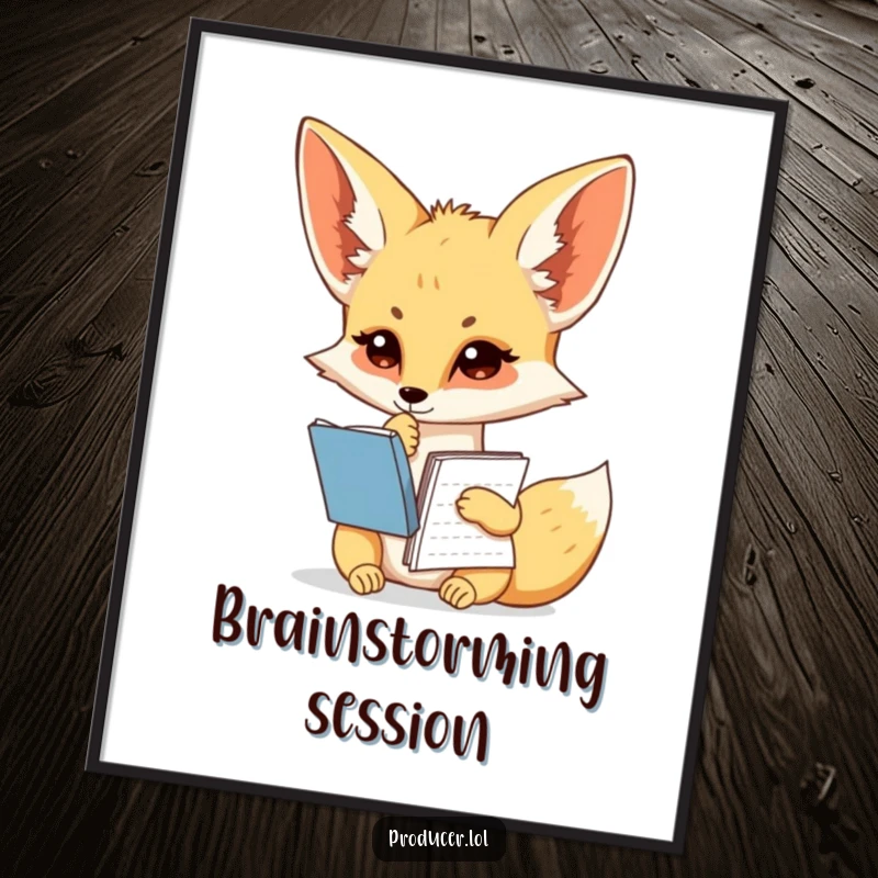 Funny fennec fox digital art, contemplative writer, script notebook, creative inspiration, printable wall decor.