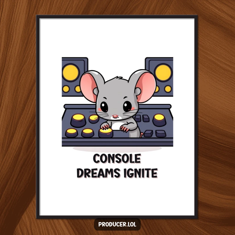 Funny determined mouse pressing large glowing buttons on a console, a digital art download for humorous and gamer-themed decor.