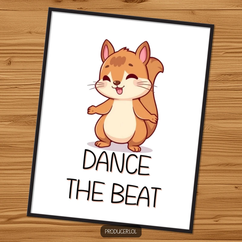 Funny digital art print of an energetic squirrel bouncing and rhythmically nodding its head to an upbeat musical beat.