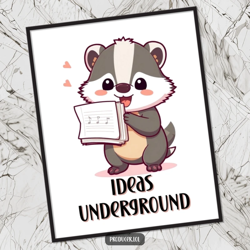 Funny Badger Producer Digital Art Print: A playful badger excitedly holding a stack of music production notes, symbolizing creative organization.