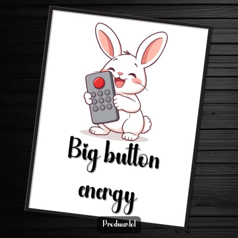 Funny Bunny Button Pusher Digital Art: A cheerful bunny joyfully presses a big red button with a large remote, creating a fun and energetic atmosphere.