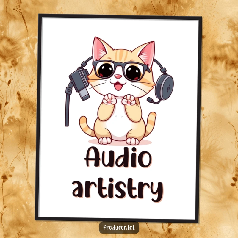 Funny cat DJ in a studio headset, enthusiastically clapping paws, rendered as a vibrant digital art print.