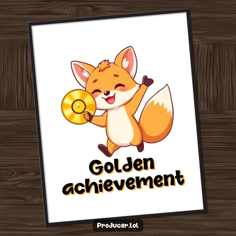 Funny digital art print of an energetic fox cub holding a golden record and jumping with delight, ideal for humorous and celebratory wall decor.