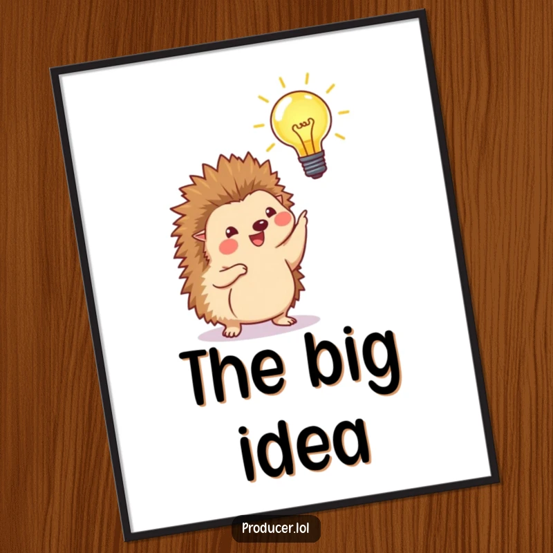 Funny digital art print of a happy hedgehog proudly pointing at a beaming lightbulb, ideal for humorous and inspirational wall decor.