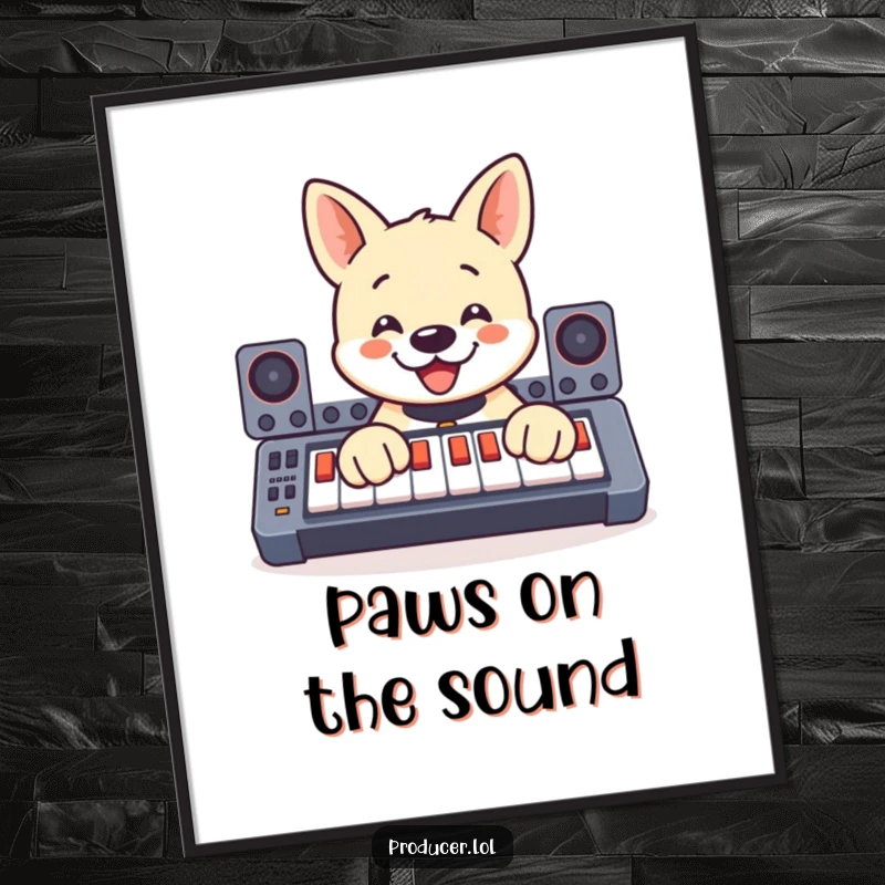 Funny digital art print of a happy dog enthusiastically pressing buttons on a soundboard with its paws, perfect for adding musical humor.