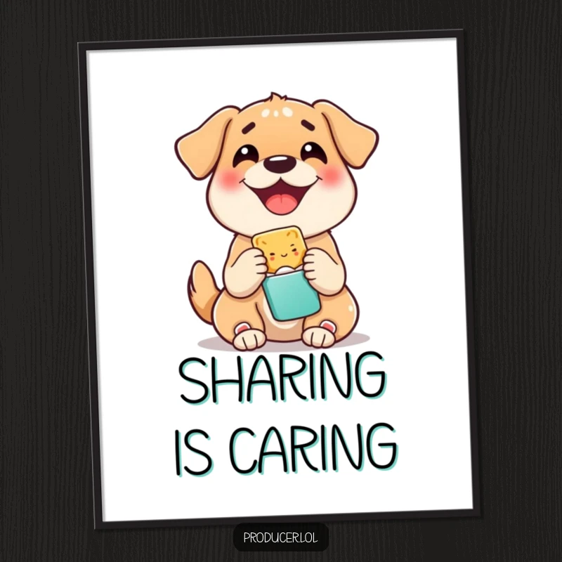 Funny digital art print of a happy dog sharing a snack; vibrant, cheerful, and full of canine spirit, perfect wall decor.