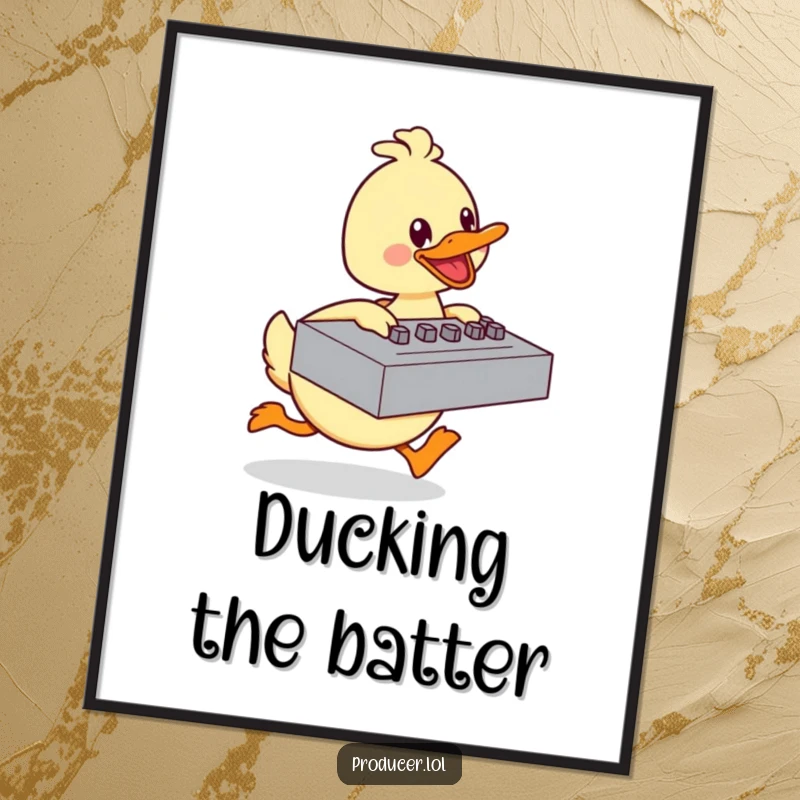 Funny duck digital art print featuring a happy cartoon character energetically pushing a large mixing board, perfect for adding playful baking humor.
