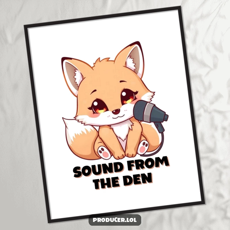 Funny Fox Singer Digital Art Print: A cuddly fox leaning into a microphone with bright, eager eyes, capturing the joy of singing.