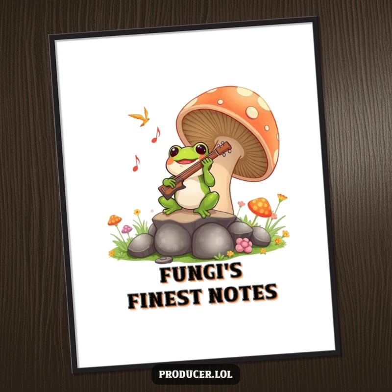 Funny Frog Symphony Digital Art: A joyful frog performs music from a giant mushroom, a downloadable and hilarious artwork for immediate enjoyment.