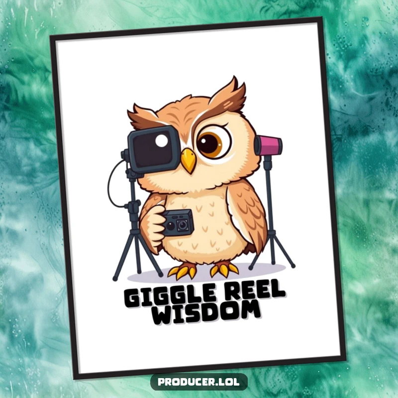 Funny digital art print of a giggling owl wearing headphones, focused on reviewing video footage on a large studio monitor.