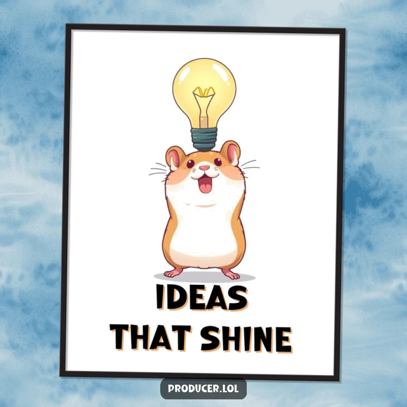 Funny Hamster Idea Digital Art Print: An energetic hamster triumphantly lifts a large light bulb, symbolizing a breakthrough, perfect for humorous decor.