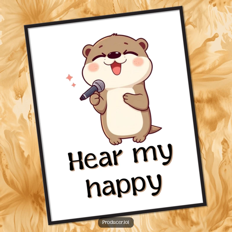 Funny otter digital art print, singing with microphone, eyes closed, joyful performer, charming wall art, instant download.