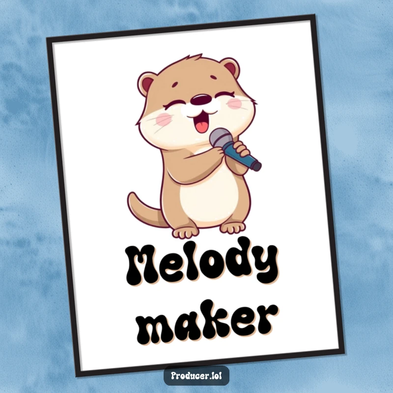 Funny otter digital art print, cute animal singing with a microphone, eyes closed, full of musical emotion.