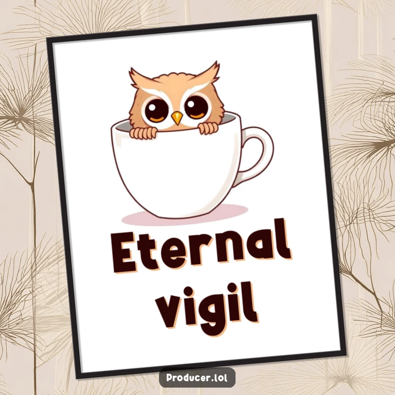 Funny owl digital art, curious owl, peeking from empty coffee cup, whimsical wall art, printable.