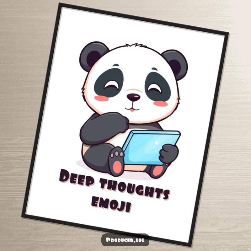 Funny playful panda tapping its chin thoughtfully while holding a glowing tablet, digital art print, humorous illustration for instant download.