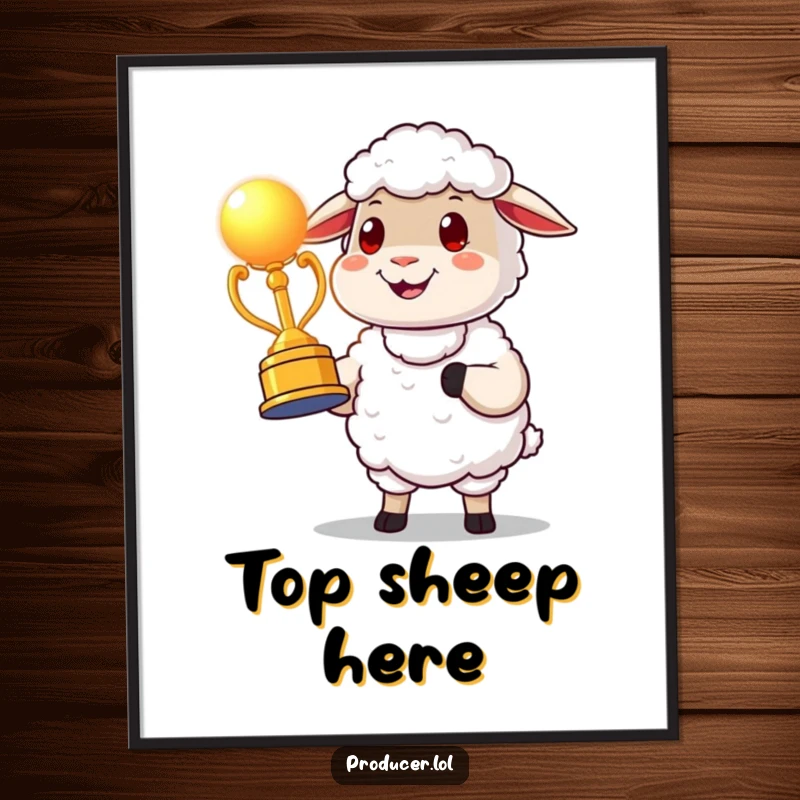 Funny proud sheep character digital art print presenting a glowing award statue, offering instant celebratory vibes and playful, humorous decoration.