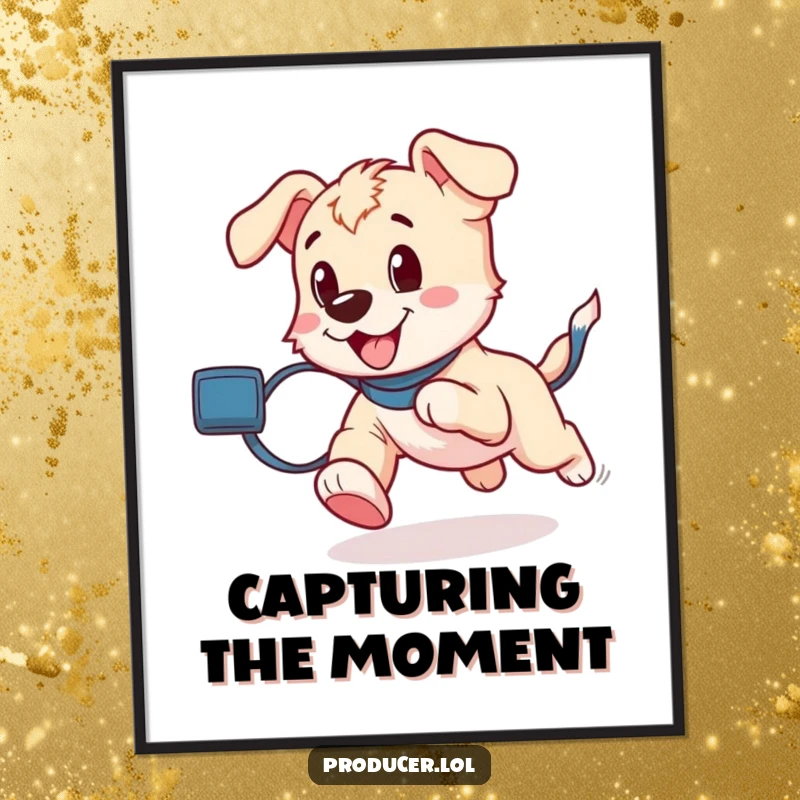 Funny playful puppy running with a roll of film trailing behind, depicted as a charming digital art print.