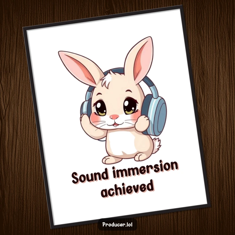 Funny curious rabbit with wide eyes adjusting large headphones, a digital art download for humorous and whimsical decor.