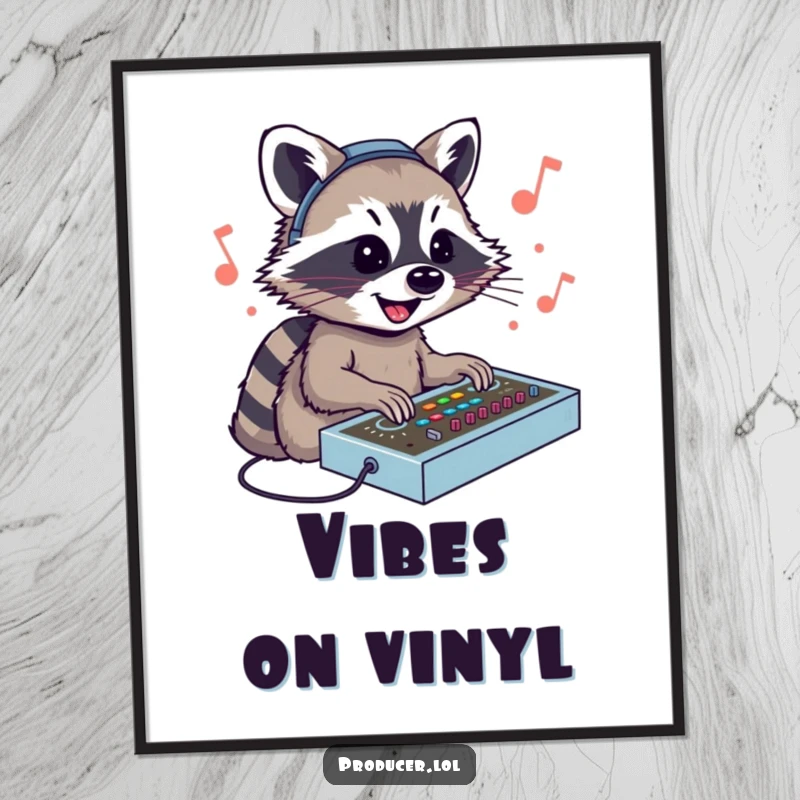 Funny Raccoon DJ Digital Art Print: A smiling raccoon intensely focused on mixing sounds at a DJ console, capturing musical passion.